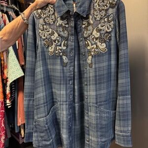 Free People Denim Blue Textured Top